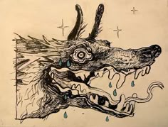 a drawing of a dog's head with water drops coming out of its mouth