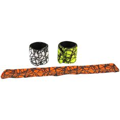 two bracelets with different colors and designs on them, sitting next to each other