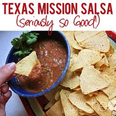 a person holding a tortilla chip and dipping it into a bowl of salsa