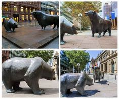 four different pictures of statues of animals on the street