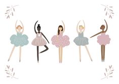 four ballerinas in tutu skirts are dancing with their arms up and legs apart