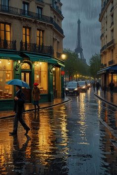 people walking down the street in the rain with umbrellas