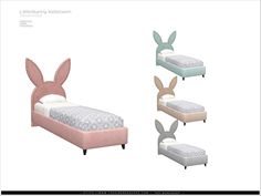 the bed is made up and has bunny ears on it's headrests