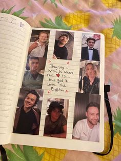 an open notebook with pictures of people and words written on the pages, along with pineapples