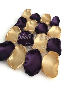 purple and gold flower petals with satin ribbons on the bottom, set of 10 pieces