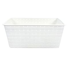 a white plastic basket with holes on the sides and bottom, in front of a white background