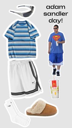 a man in blue shirt and white shorts next to items from the same clothing line