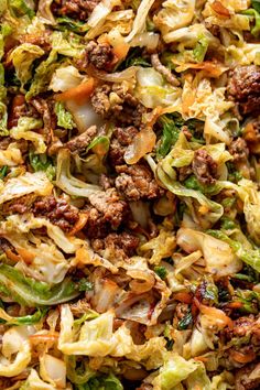 a mixture of meat, cabbage and carrots in a bowl