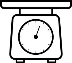 a black and white drawing of a scale with a clock on the front, side view