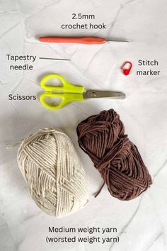 crochet yarn, scissors and needle on a white surface with text describing how to use them