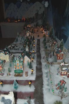 a christmas village is shown with lights and trees