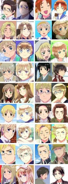 the many faces of anime characters in different colors and sizes, including blondes, blue eyes