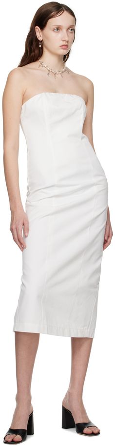 Cotton and polyester-blend ottoman dress. · Paneled construction · Elasticized straight neck · Concealed zip closure at back · Central vent at back hem · Full satin lining Supplier color: White Fitted Pencil Skirt Dress With Lined Skirt, Elegant Fitted Dress With Lined Skirt, Elegant Pencil Skirt Dress With Lined Skirt, Elastane Midi Dress With Back Zipper, Elegant White Dress With Invisible Zipper, Structured Boning Dress With Straight Neckline, Formal Fitted Dress With Lined Skirt, Fitted Midi Dress With Pleated Back, White Knee-length Pencil Skirt For Formal Occasions