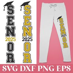 two white pants with yellow and black letters on them, one has a graduation cap