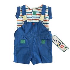 Size 6m Nwt Vintage Healthtex Shortall With Blue, Green, Yellow, Red And White Striped Shirt. Velcro Closure On Straps/Shirt, Elastic Waist And Snap Bottom For Easy Access To Changing. Measurements Lying Flat Length Of Shortall 16 1/2” Armpit To Armpit Of Shirt 10” Playful Blue Cotton Overalls, Blue Overalls For Summer Playwear, Blue Overalls For Summer Playtime, Blue Summer Overalls For Playtime, Playful Blue Summer Overalls, Blue Shortalls For Spring Playtime, Blue Overalls For Playtime In Spring, Casual Blue Overalls For Playwear