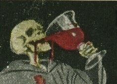 a close up of a person holding a wine glass in front of a skull head