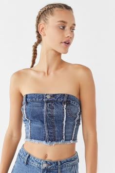 Jean Diy, Denim Tube Top, Tube Top Outfits, Denim Tank Top, Denim Tank, Diy Denim, Denim Inspiration, Denim Crop Top, Denim Corset