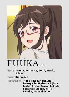 an anime character with long black hair and glasses in front of a poster for fuka