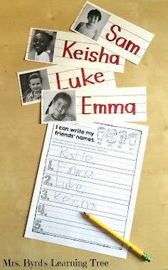 some writing paper with pictures and pencils on it next to the words sam keishaa luke emma