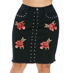 Plus Size Rivet Embellished Embroidery Denim Skirt - Black - 3J70423513 - Women's Clothing  #WomensClothing #Women's #Clothing Embroidery Denim, Spandex Dress, Hem Skirt, Trendy Plus Size Clothing, Plus Size Skirts, Knee Length Skirt, Trendy Plus Size, Embroidery Applique, Printed Skirts