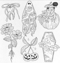 some halloween decorations are shown in this black and white drawing technique, with the words happy halloween written on it