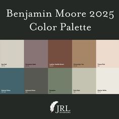 the color palette for benjam moore 2055 is shown in shades of brown, green