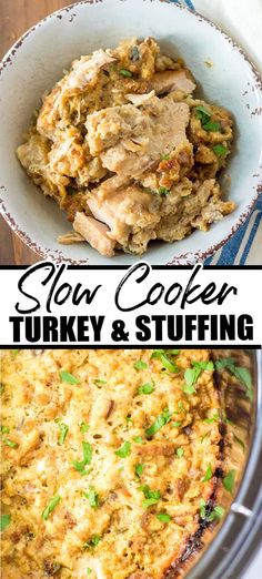 slow cooker turkey and stuffing in a crock pot with text overlay that reads slow cooker turkey and stuffing