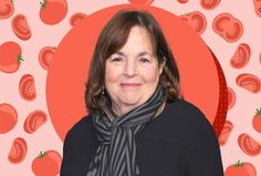 a woman wearing a scarf in front of tomatoes on a pink and orange background with red circles