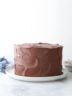 a chocolate frosted cake on a white plate