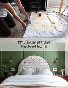 two pictures showing how to make an upholstered arch headboard for a bed