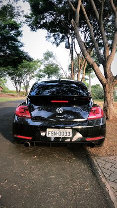 a black car parked next to a tree