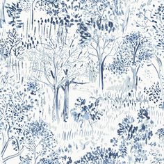 Walden Navy Forest Wallpaper from the Thoreau Collection by Brewster Navy White Wallpaper, Blend Wallpaper, Toile Design, Blue Trees, Abstract Forest, Toile Wallpaper, Smooth Wallpaper, Wallpaper For Sale, Navy Wallpaper