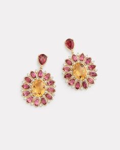 18K Yellow Gold Floral Oval Earring with Pink Tourmaline, Citrine, and Diamonds, .2 TCW1 1/4 Inch Long x 3/4 Inch Wide Style# YEFMPTCTW Luxury Bohemian Oval Earrings, Luxury Blush Oval Jewelry, Elegant Oval Multi-stone Earrings, Oval Gemstone Accented Earrings For Formal Occasions, Oval Earrings With Gemstone Accents For Formal Occasions, Oval Multi-stone Earrings For Wedding, Oval Multi-stone Wedding Earrings, Oval Earrings With Gemstone Accents For Wedding, Oval Wedding Earrings With Gemstone Accents