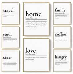 six different types of cards with the words home, love, and coffee on them