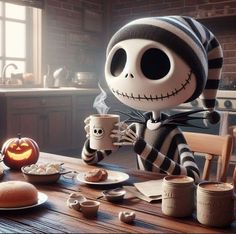 a skeleton dressed as jack skellingy holding a coffee cup while sitting at a table