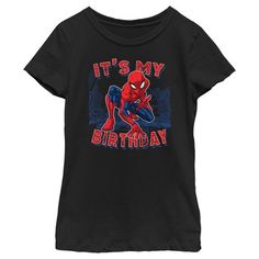 Celebrate your special day with your favorite comic book heroes as you party with your friends and family in style with this officially licensed graphic apparel from Marvel! Presenting the It's My Spider-Birthday Girls' tee featuring a cool graphic of Spider-Man wishing you a happy birthday with this amazing design with the phrase "It's my birthday" printed across in red! Grab one of these amazing Marvel shirts and start celebrating your party superhero style! Pop Culture Graphic T-shirt For Birthday, Superhero Birthday T-shirt With Short Sleeves, Superhero Character Print Birthday T-shirt, Superhero Short Sleeve Birthday T-shirt, Superhero Short Sleeve T-shirt For Birthday, Superhero Character Print T-shirt For Birthday, Superhero Style Short Sleeve T-shirt For Birthdays, Superhero Style Short Sleeve T-shirt For Birthday, Superhero Graphic Print Tops For Birthday