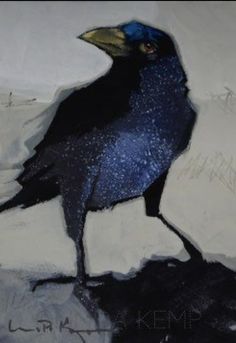 a painting of a black bird with blue feathers