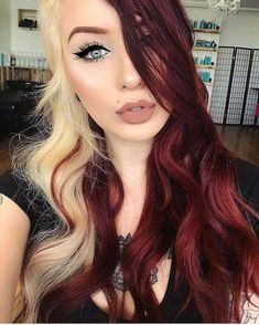 Women With Round Faces, Drag Make-up, Split Dyed Hair, Short Red Hair, Split Hair, Round Faces, Hair Dye Colors, Red Hair Color, Feathered Hairstyles