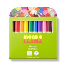 a box of colored crayons sitting in front of a white background with the words mono llama written on it