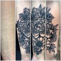 three different tattoos with flowers on their legs and one is black and white, the other has