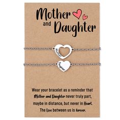 mother and daughter bracelets with heart charms on the front, in silver or gold