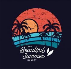 the beautiful summer sunset with palm trees and waves in retro style, on a dark background