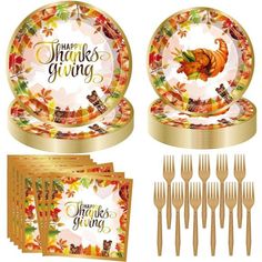 thanksgiving dinnerware set with gold forks and napkins, turkey design on the plate