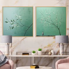 there are two paintings on the wall in this living room, one is green and the other is pink