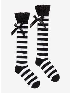 Black & White Lace Bow Knee-High Socks | Hot Topic Striped Knee-high Winter Socks, Knee-high Striped Winter Socks, Fitted Striped Knee-high Socks, Striped Knee-high Socks For Stocking Stuffers, Tall Hoodies, Black Lace Trim, Lace Bows, Striped Socks, Girls Socks