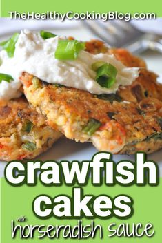 some crab cakes with horseradish sauce and sour cream on top are featured in this postcard