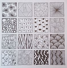 a bunch of different patterns that are drawn in black and white ink on a piece of paper