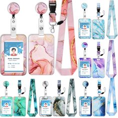 several id cards and lanyards with matching lanyard straps are shown in multiple colors