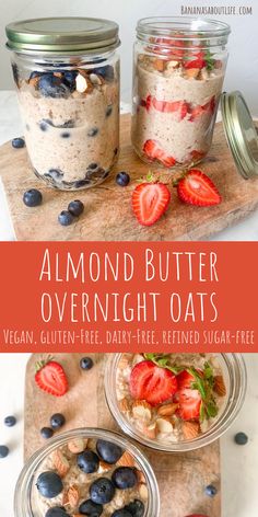 Overnight oat breakfast to-go jars Almond Butter Overnight Oats, Gluten Free Overnight Oats, Dairy Free Overnight Oats, Rolled Oats Recipe, Overnight Oats Breakfast, Overnight Oats Vegan, Sugar Free Breakfast, Oat Breakfast