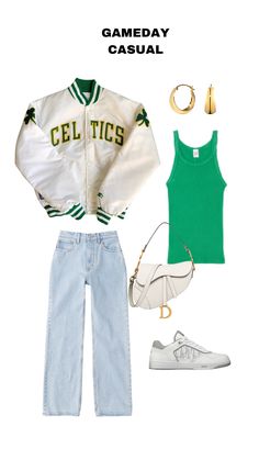 Womens Nba Game Outfit, Boston Celtics Game Outfit Women, Gameday Outfit Basketball, Back To School Outfits Sophomore, Trendy Gameday Outfit, Green Gameday Outfit